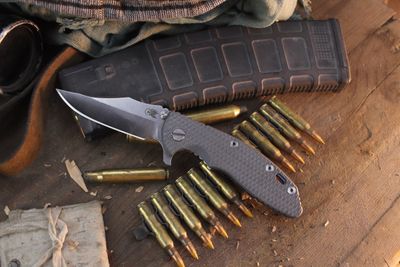 Hinderer XM-18 Bowie  3.5" Frame Lock Flipper / Gray G10 &amp; Blue Titanium / Stonewash 20CV  ( Pre Owned )