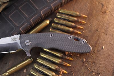Hinderer XM-18 Bowie  3.5" Frame Lock Flipper / Gray G10 &amp; Blue Titanium / Stonewash 20CV  ( Pre Owned )