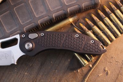 Microtech Stitch 3.75" button Lock Auto Folder / Black Aluminum / Stonewashed M390 ( Pre Owned )