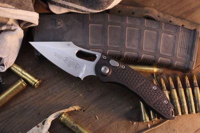 Microtech Stitch 3.75" button Lock Auto Folder / Black Aluminum / Stonewashed M390 ( Pre Owned )