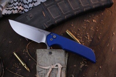 Pro-Tech Mordax 3.625" Drop Point Plunge Lock Flipper / Blue Aluminum / Stonewashed CPM-Magnacut ( Pre Owned )