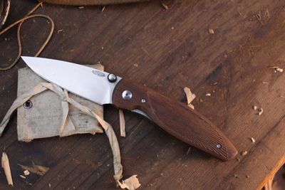 Three RIvers Manufacturing Atom 3.5" Linerlock Folder / Contoured Walnut / Stonewashed 20CV ( Pre Owned )