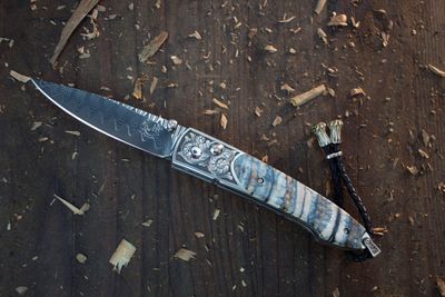 William Henry B10 Palisades 2.75" Button Lock Folder / Engraved Titanium &amp; Mammoth Tooth / ZDP-189 Wave Damascus ( Pre Owned )