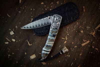 William Henry B10 Palisades 2.75" Button Lock Folder / Engraved Titanium &amp; Mammoth Tooth / ZDP-189 Wave Damascus ( Pre Owned )