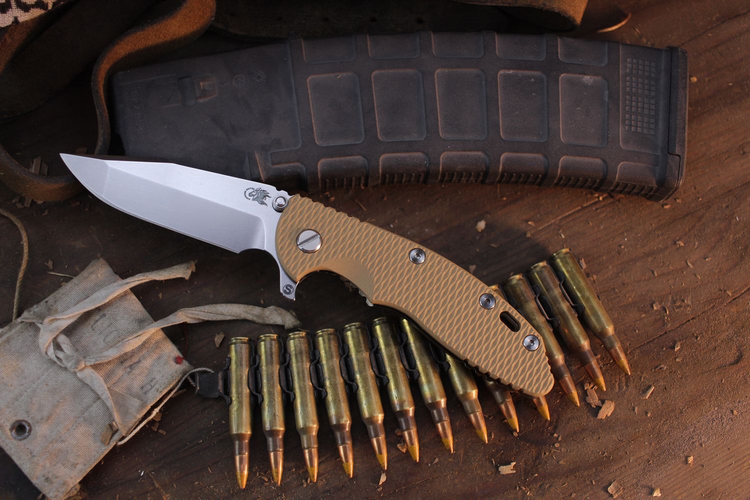 Hinderer XM-18 Skinny Harpoon Spanto 3.5" Framelock Flipper / Tan G-10 &amp; Stonewashed Bronze Titanium / Stonewashed MagnaCut
