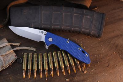 Hinderer XM-18 Skinny Harpoon Spanto 3.5" Framelock Flipper / Blue G-10 &amp; Stonewashed Bronze Titanium / Stonewashed MagnaCut