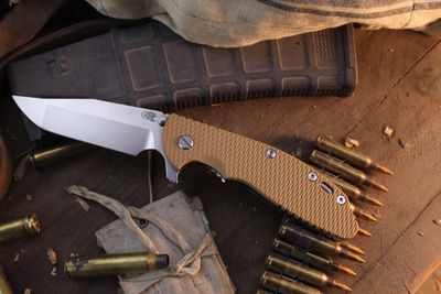 Hinderer Knives XM-24 Harpoon Spanto 4" Framelock Flipper /  Tan G-10 &amp; Stonewashed Titanium /  Stonewashed S45VN ( Pre Owned )