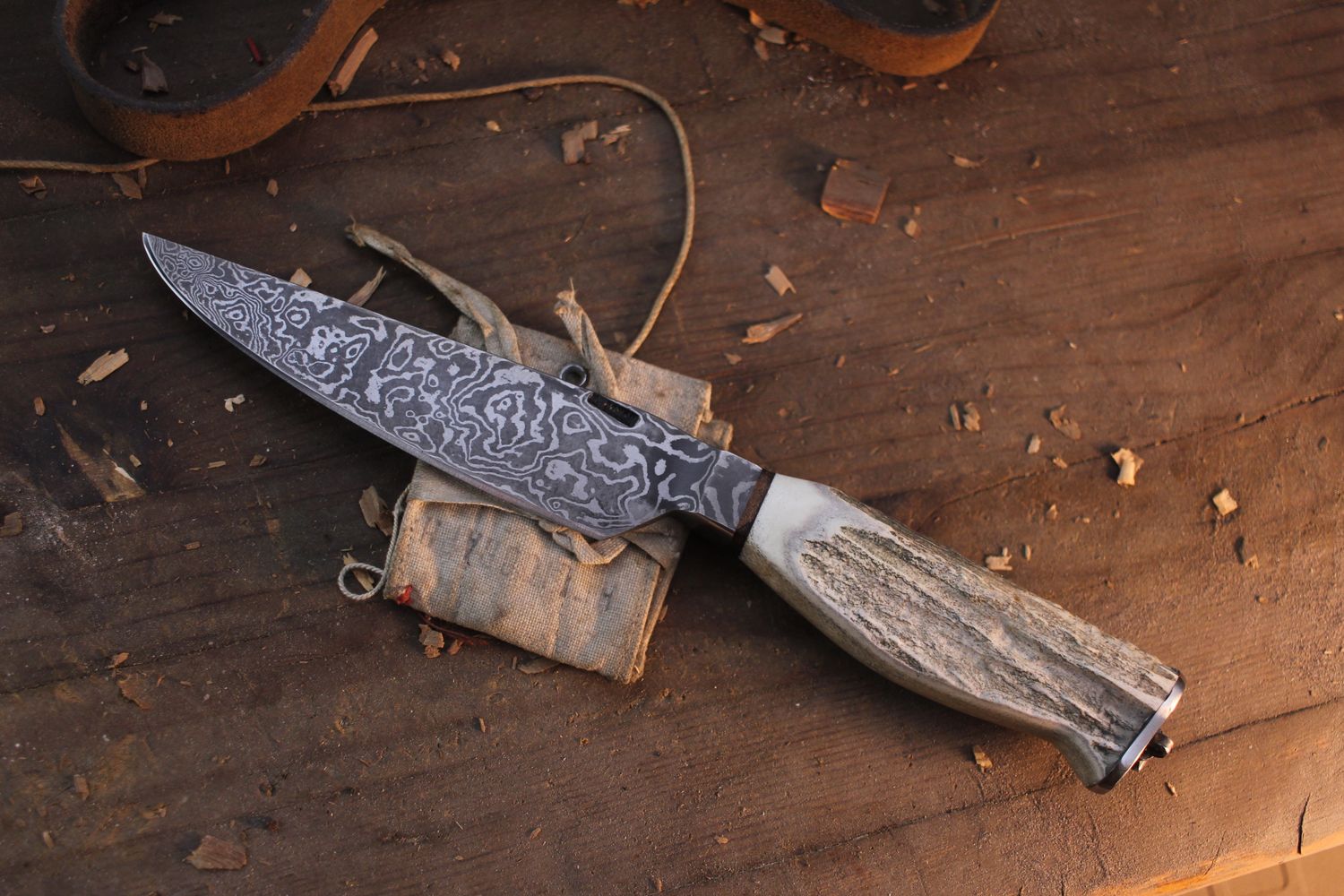 Mark Couch 5.25” Large Utility / Moose Antler / Alaskan Forged Damascus