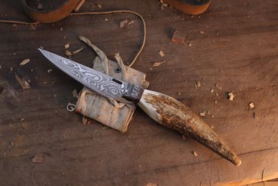 Mark Couch 4.25” Drop Point Utility / Moose Antler Tine / Alaskan Forged Damascus