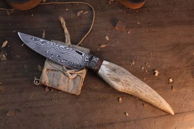 Mark Couch 4.5” Drop Point Hunter / Moose Antler Tine / Alaskan Forged Damascus