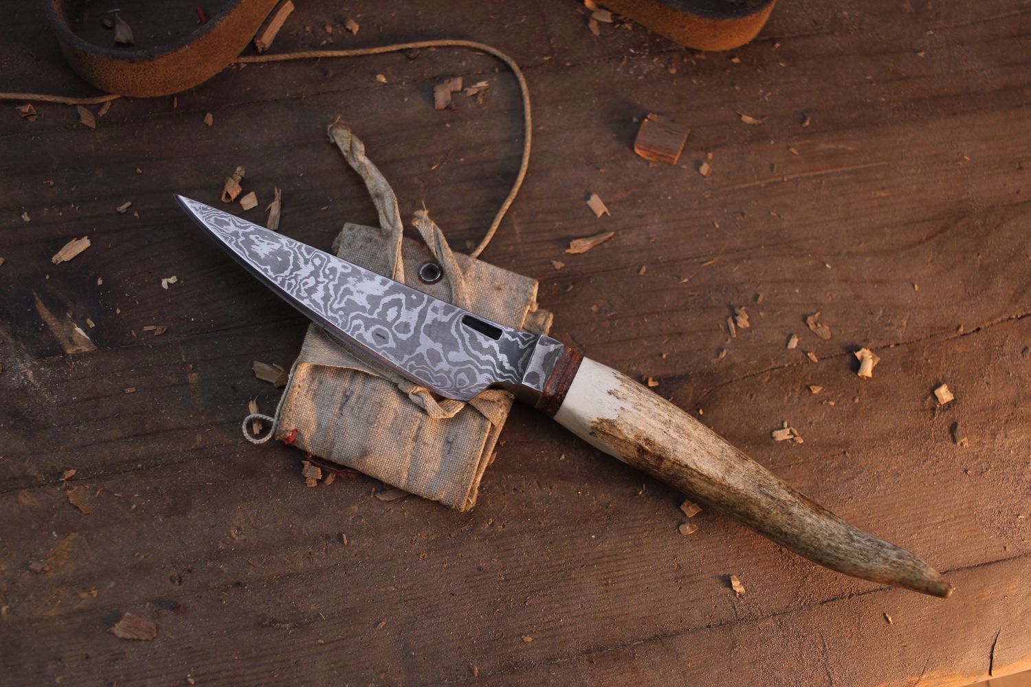Mark Couch 4.25” Utility / Moose Antler Tine / Alaskan Forged Damascus