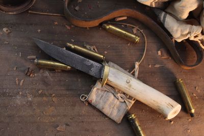Charles Jones 4.5" Fixed Blade / Elk Antler &amp; Brass Guard / 15n20 &amp; 80CRV2 Damascus ( Pre Owned )