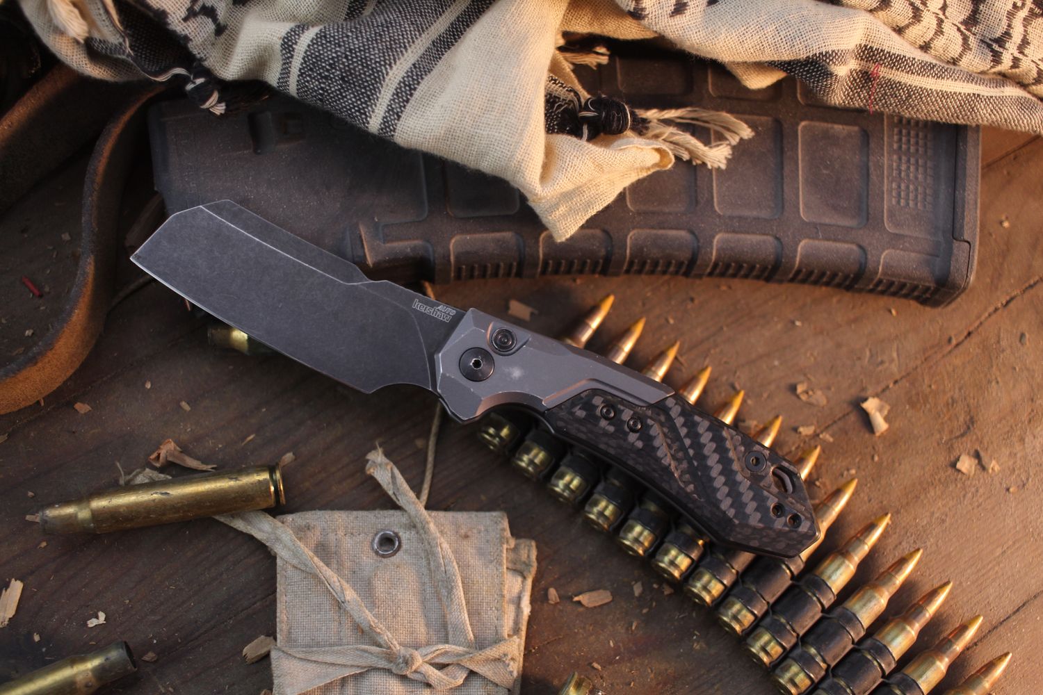 Kershaw Launch 14 Cleaver 3.375" Button Lock Auto Folder / Aluminum &amp; Carbon Fiber / Blackwashed CPM-154 ( Pre Owned )