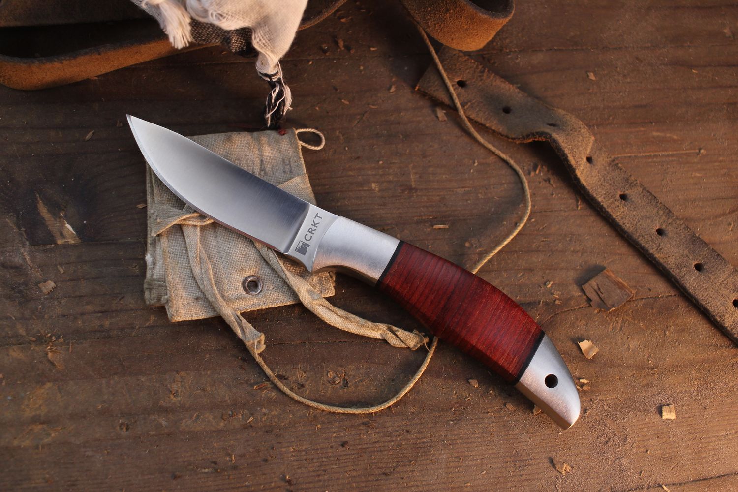 CRKT Russ Kommer Alaska Brroks Range Pro 3.12" Fixed Blade / Stacked Leather / Satin AUS-8 ( Pre Owned )