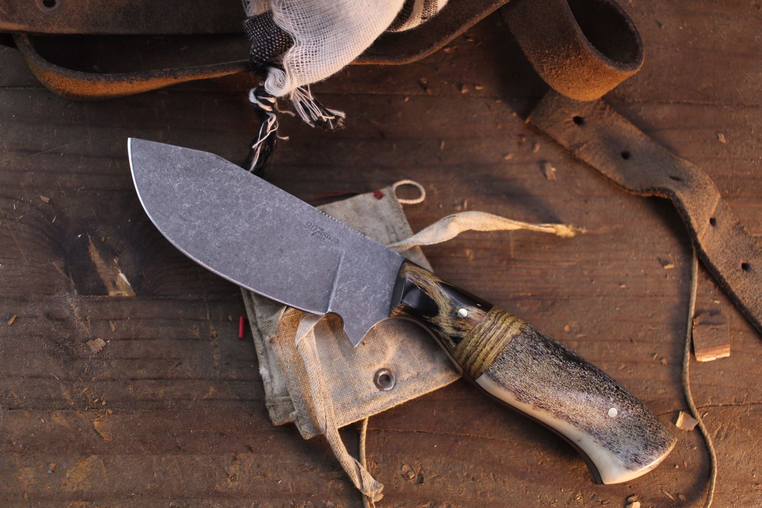 907Knives Kenai 3.25" Drop Point Hunter / Elk Handle &amp; Chula Cactus Bolsters With Bacote Spacer / Acidwashed 80CRV2