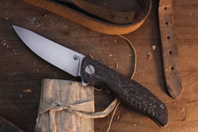Shirogorov CCKS Spring 2025 F3 3.75" Linerlock Flipper / Contoured Bronze TechnoCarbon / Stonewashed MagnaCut ( Pre Owned )