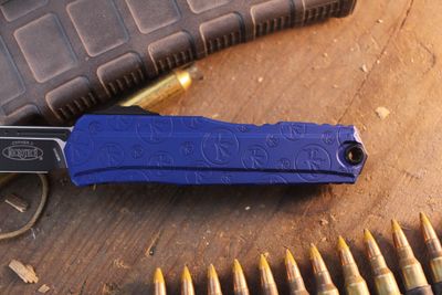 Microtech Cypher II 3.5" OTF AUTO / Deep Engraved Claw Burst Blue Aluminum / Black Reverse Tanto M390MK ( Pre Owned )