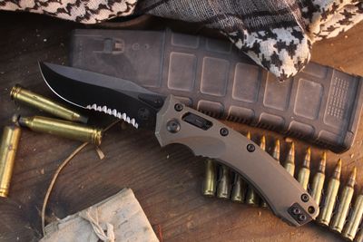 Microtech Marfione Select Amphibian 3.9" Ram-Lok Folder / Antique Bronze Titanium / Black DLC Serrated M390MK ( Pre Owned )