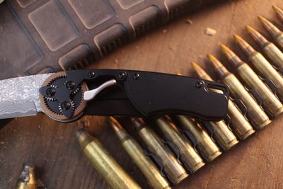 Mantis + G&amp;G HAWK 2.875 Gearhead Linerock Folder / Black Aluminum / Damascus ( Pre Owned )