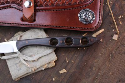 Russ Kommer Custom Bird &amp; Trout 3.75" Fixed Blade Knife / Woodland Micarta &amp; Speed Holes / Wiped RWL-34 ( Pre Owned )