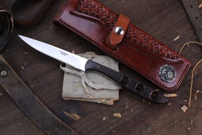 Russ Kommer Custom Bird &amp; Trout 3.75" Fixed Blade Knife / Woodland Micarta &amp; Speed Holes / Wiped RWL-34 ( Pre Owned )