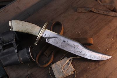 IRBI Irvin Campbell LH 10.5" Fixed Blade / Moose Antler &amp; Worked Brass / Wildlife Scene Engraved High Carbon ( Pre Owned )