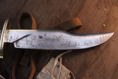 IRBI Irvin Campbell LH 10.5" Fixed Blade / Moose Antler & Worked Brass / Wildlife Scene Engraved High Carbon ( Pre Owned )