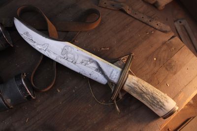 IRBI Irvin Campbell RH 10.5" Fixed Blade / Moose Antler &amp; Worked Brass / Wildlife Scene Engraved High Carbon ( Pre Owned )