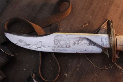 IRBI Irvin Campbell RH 10.5" Fixed Blade / Moose Antler &amp; Worked Brass / Wildlife Scene Engraved High Carbon ( Pre Owned )