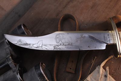IRBI Irvin Campbell RH 10.5" Fixed Blade / Moose Antler & Worked Brass / Wildlife Scene Engraved High Carbon ( Pre Owned )