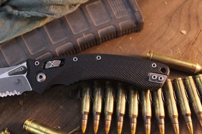Microtech Amphibian 3.9" Ram-Lok Folder / Fluted Black G-10 / Apocalyptic Serrated M390MK ( Pre Owned )