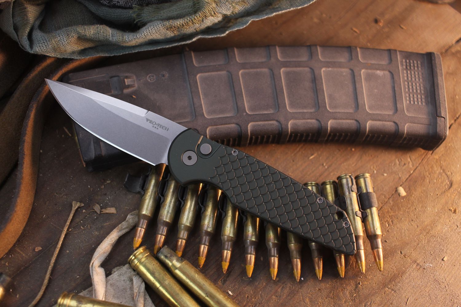 Pro-Tech TR-3 3.5" Automatic Plunge Lock Folder / Green Fish Scale Aluminum / Stonewashed 154CM