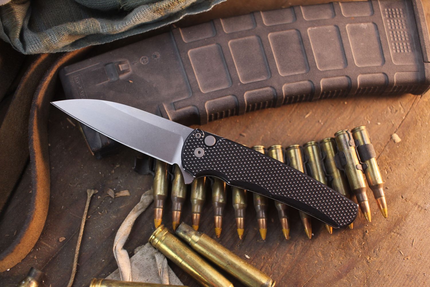 Pro-Tech Malibu 3.3" Wharncliffe Button Lock Flipper / Battle Worn Black Textured Aluminum / Stonewashed CPM-MagnaCut