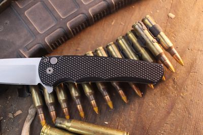 Pro-Tech Malibu 3.3" Wharncliffe Button Lock Flipper / Battle Worn Black Textured Aluminum / Stonewashed CPM-MagnaCut