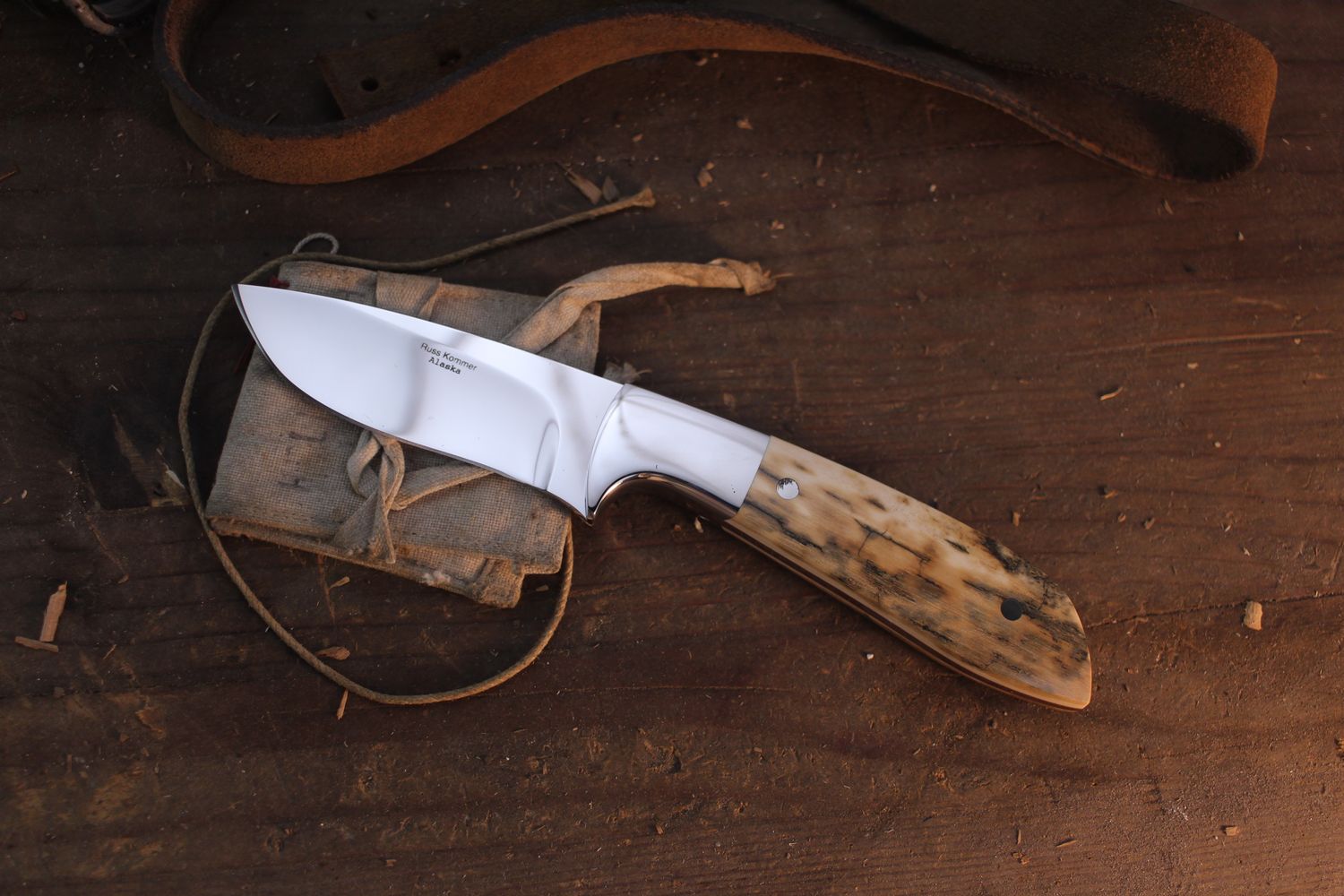 Russ Kommer Custom Drop Point 3.25" Fixed Blade Knife / Mammoth Ivory / Polished RWL-34