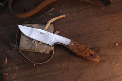 Russ Kommer Custom chute 3" Fixed Blade Knife / Maple Burl / Polished RWL-34