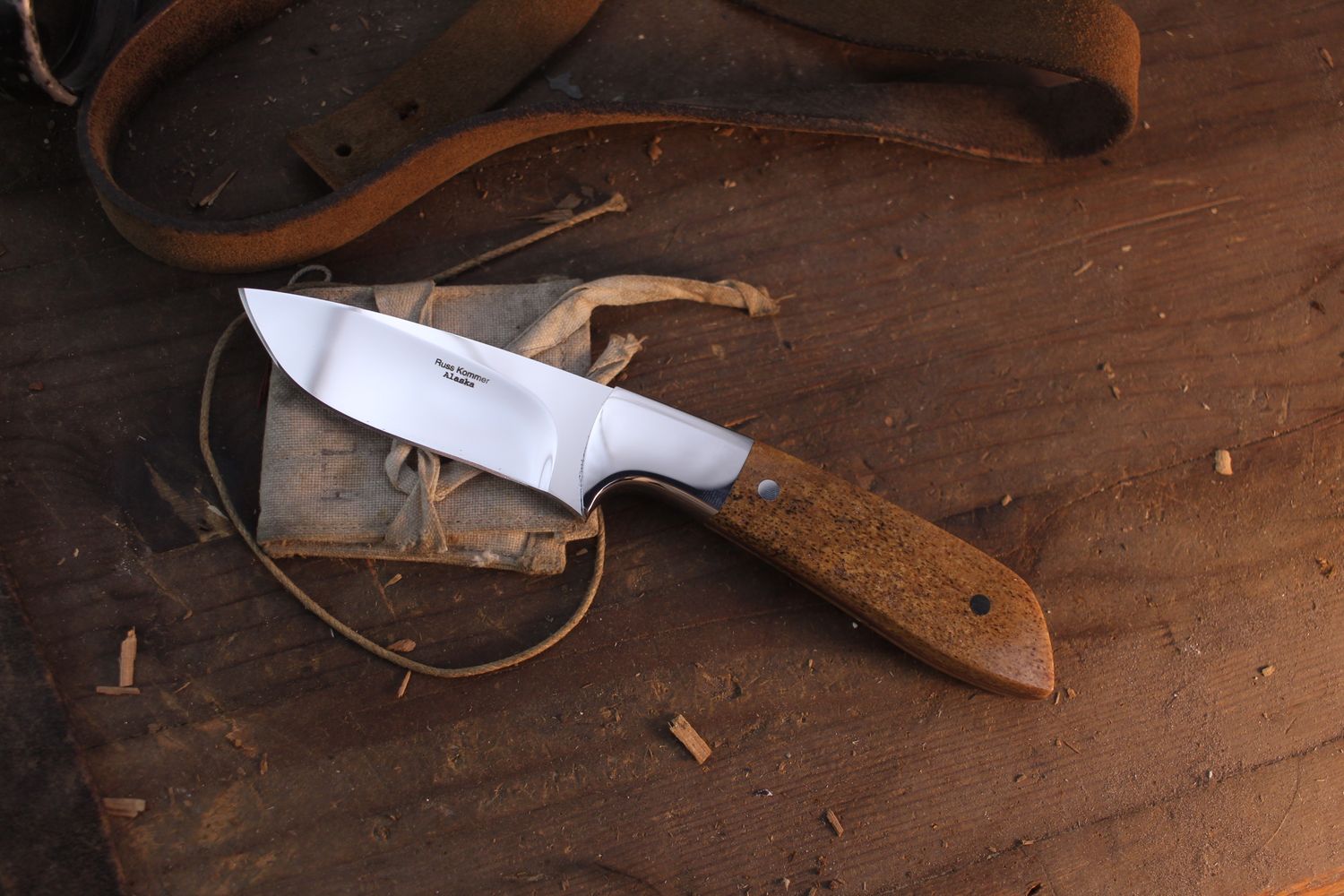 Russ Kommer Custom Drop Point 3.25" Fixed Blade Knife / Fossilized Walrus Jaw Bone / Polished RWL-34