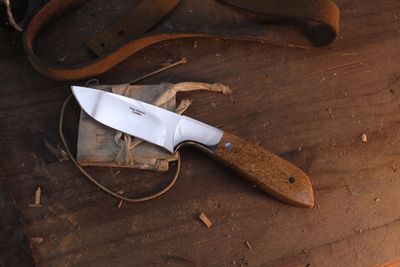 Russ Kommer Custom Drop Point 3.25" Fixed Blade Knife / Fossilized Walrus Jaw Bone / Polished RWL-34