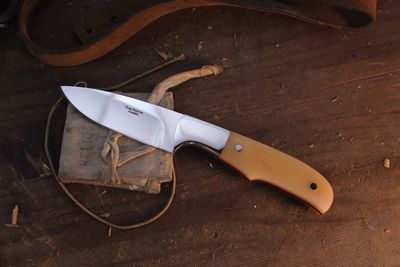 Russ Kommer Custom Drop Point 3" Fixed Blade Knife / Camel Bone / Polished RWL-34