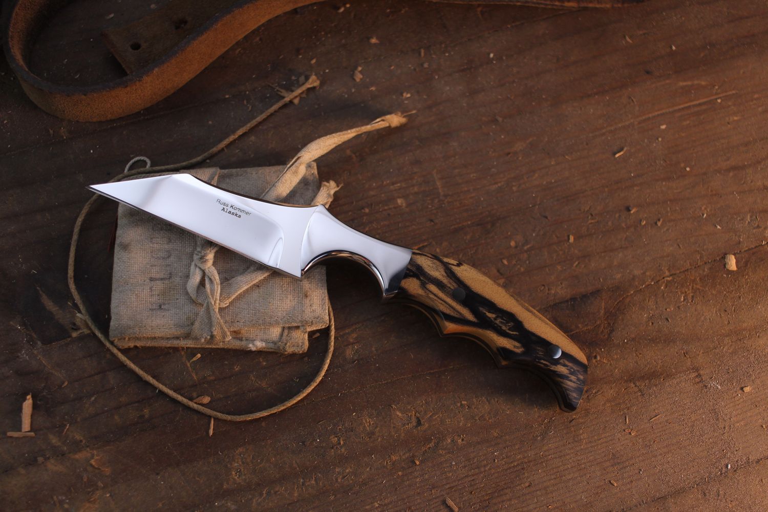 Russ Kommer Custom Hawk Bill  3" Fixed Blade Knife / Black &amp; White Ebony / Polished RWL-34
