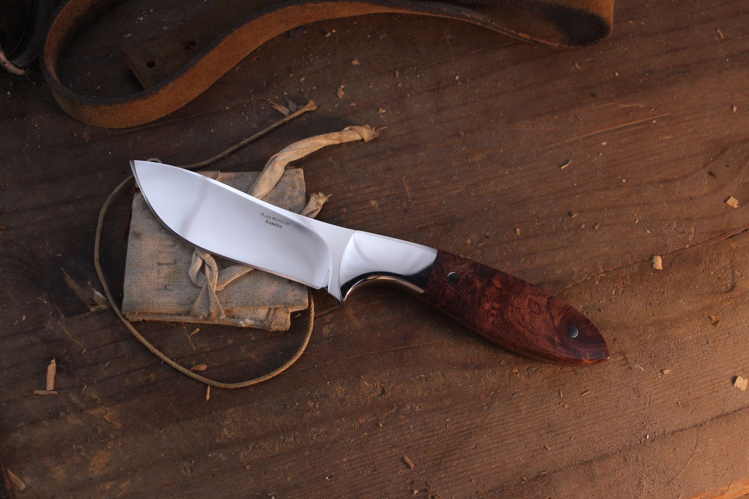 Russ Kommer Custom Semi Skinner 3.5" Fixed Blade Knife / Rosewood Burl / Polished ATS-34