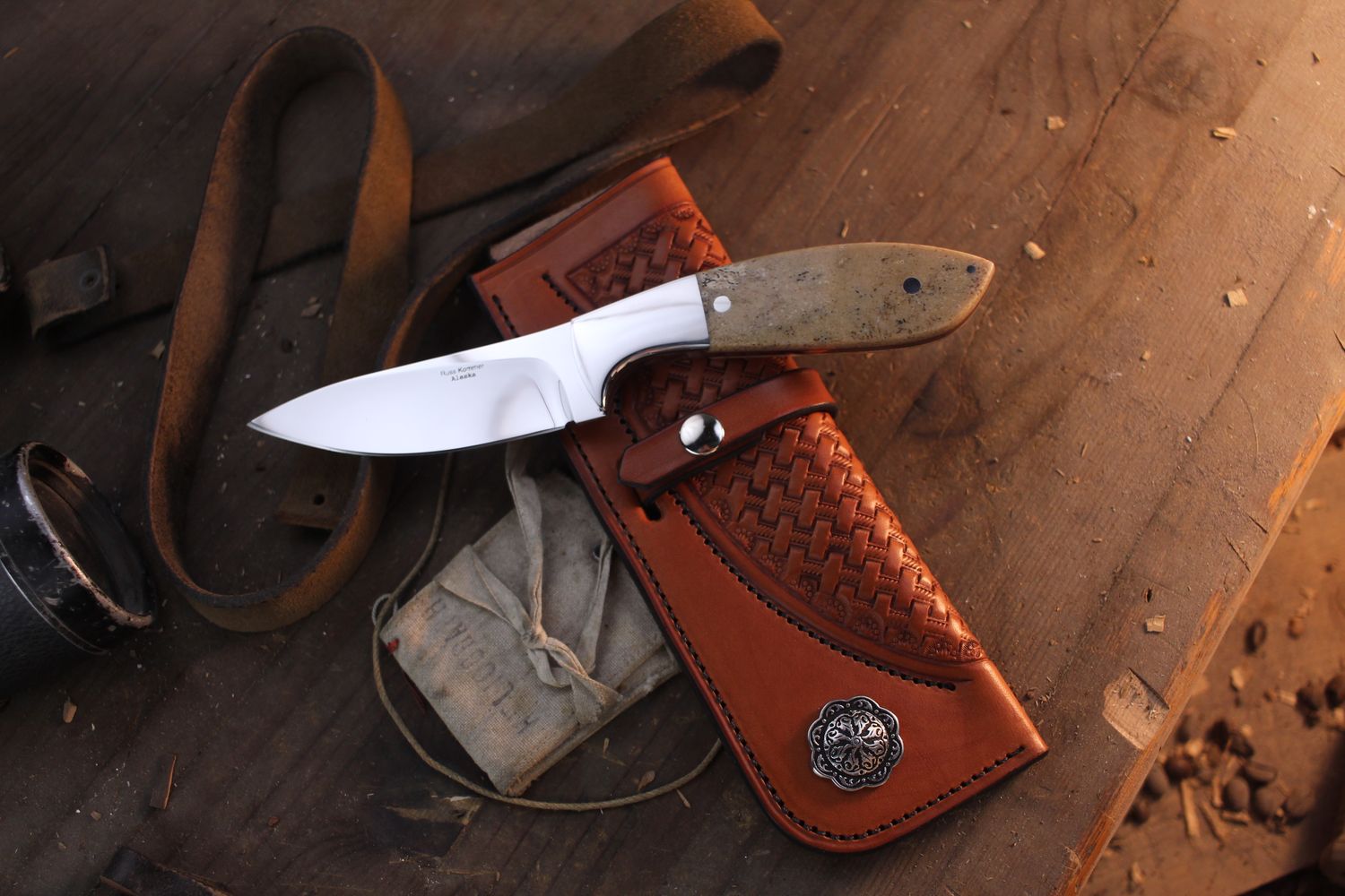 Russ Kommer Custom Semi Skinner 3.5" Fixed Blade Knife / Fossilized Walrus Jaw Bone / Polished RWL-34