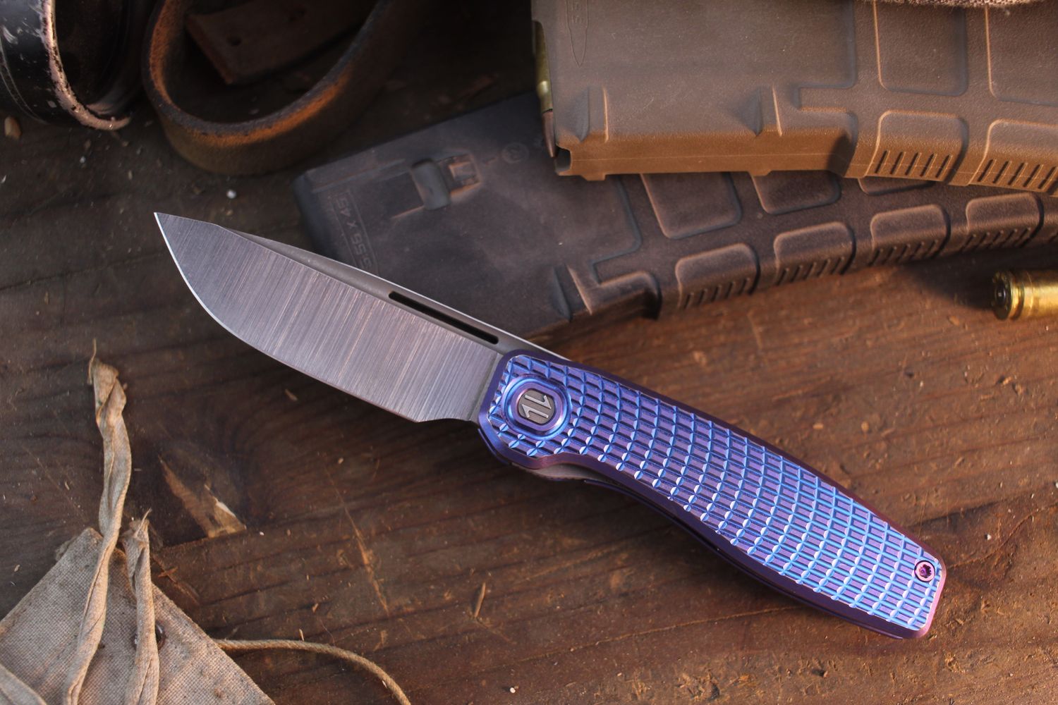 Brown Knives Mini FSD-I #216 3.5" Linerlock Front Flipper / Milled Purple Anodized Titanium / Belt Satin MagnaCut ( Pre Owned )