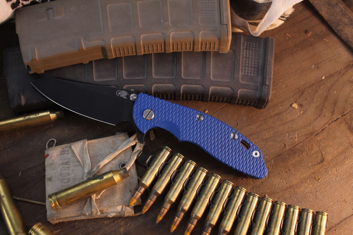 Hinderer Knives XM-18 Sheepsfoot  3.5" Framelock Flipper / Blue G-10 &amp; Battle Black Titanium / Battle Black S45VN ( Pre Owned )