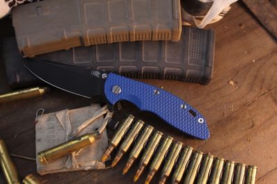 Hinderer Knives XM-18 Sheepsfoot  3.5" Framelock Flipper / Blue G-10 &amp; Battle Black Titanium / Battle Black S45VN ( Pre Owned )