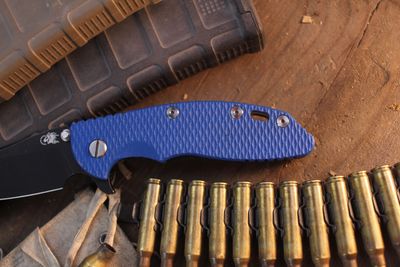Hinderer Knives XM-18 Sheepsfoot  3.5" Framelock Flipper / Blue G-10 &amp; Battle Black Titanium / Battle Black S45VN ( Pre Owned )