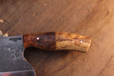 907 Knives Mini Serbian 4.75" Kitchen Knife / Amboyna Burl &amp; Alaskan Birch / Acid Washed 80CRV2