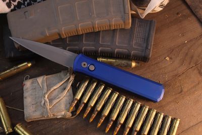 Pro-Tech Godfather 4” Auto Buttonlock Folder / Blue Aluminum / Bead Blasted 154CM ( Pre Owned )