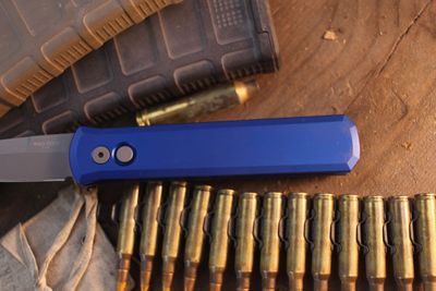 Pro-Tech Godfather 4” Auto Buttonlock Folder / Blue Aluminum / Bead Blasted 154CM ( Pre Owned )