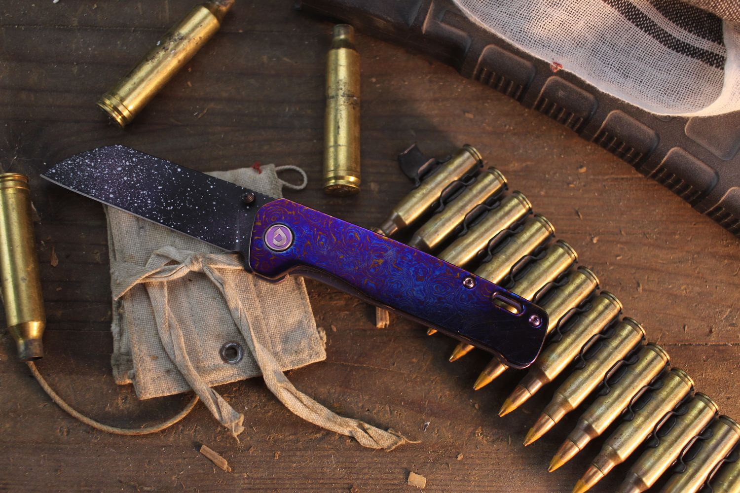 QSP Penguin Plus 3.375" Linerlock Folder / Mokuti &amp; Purple Anodized Titanium / Galaxy Pattern Cerakote S35VN ( Pre Owned )